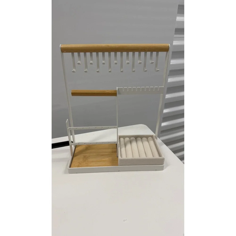 White Metal and Bamboo Jewelry Stand Organizer Necklace Holder Ring Tray